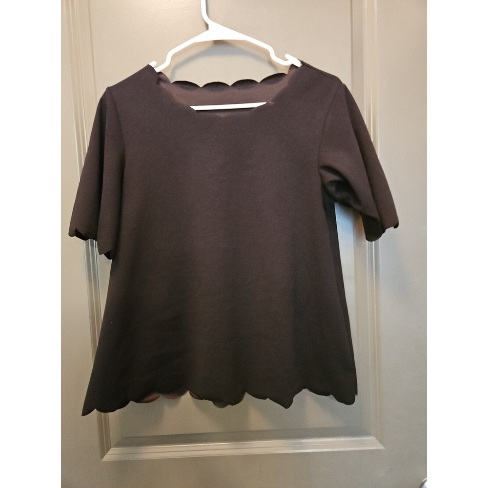 Scalloped Hem Top Short Sleeve Blouse Casual Flared Black‎ Size S